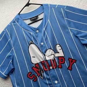 Peanuts Snoopy Baseball Jersey Adult Large Blue Pinstripe Button Up Short Sleeve